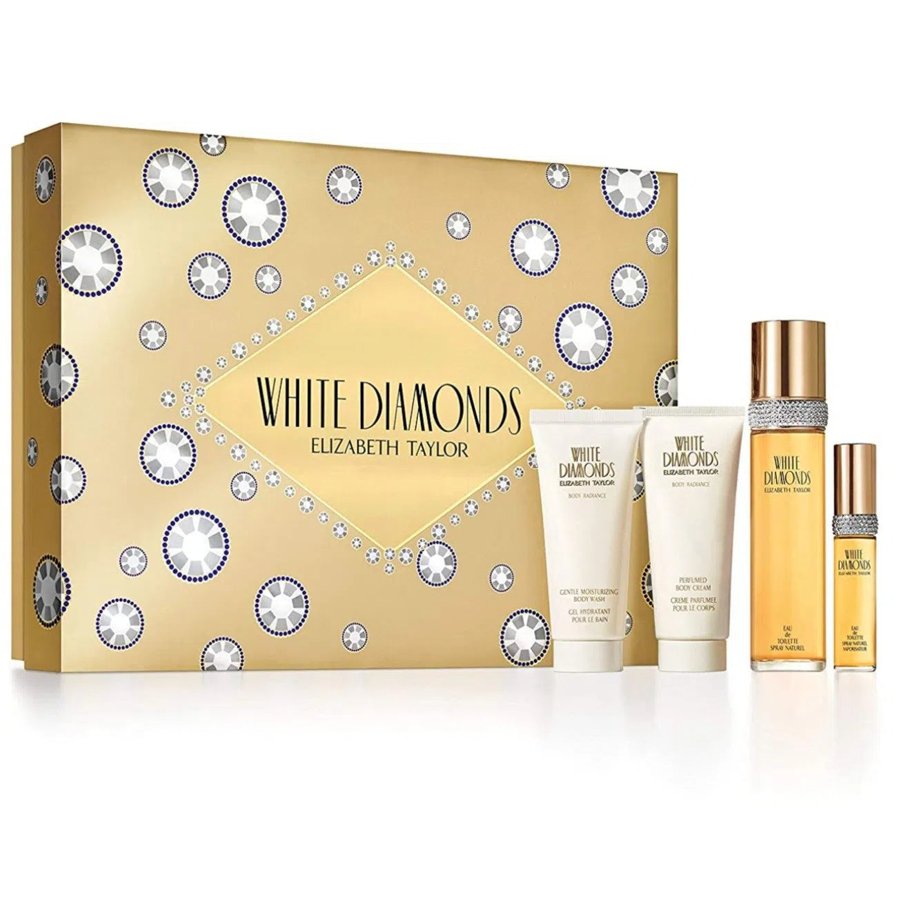 Estuche Elizabeth Taylor White Diamonds EDT (W) / 4 Pc SP 100 ml; BL 100 ml; SG 100 ml; SP 10 ml - 1 - Privé Perfumes Honduras