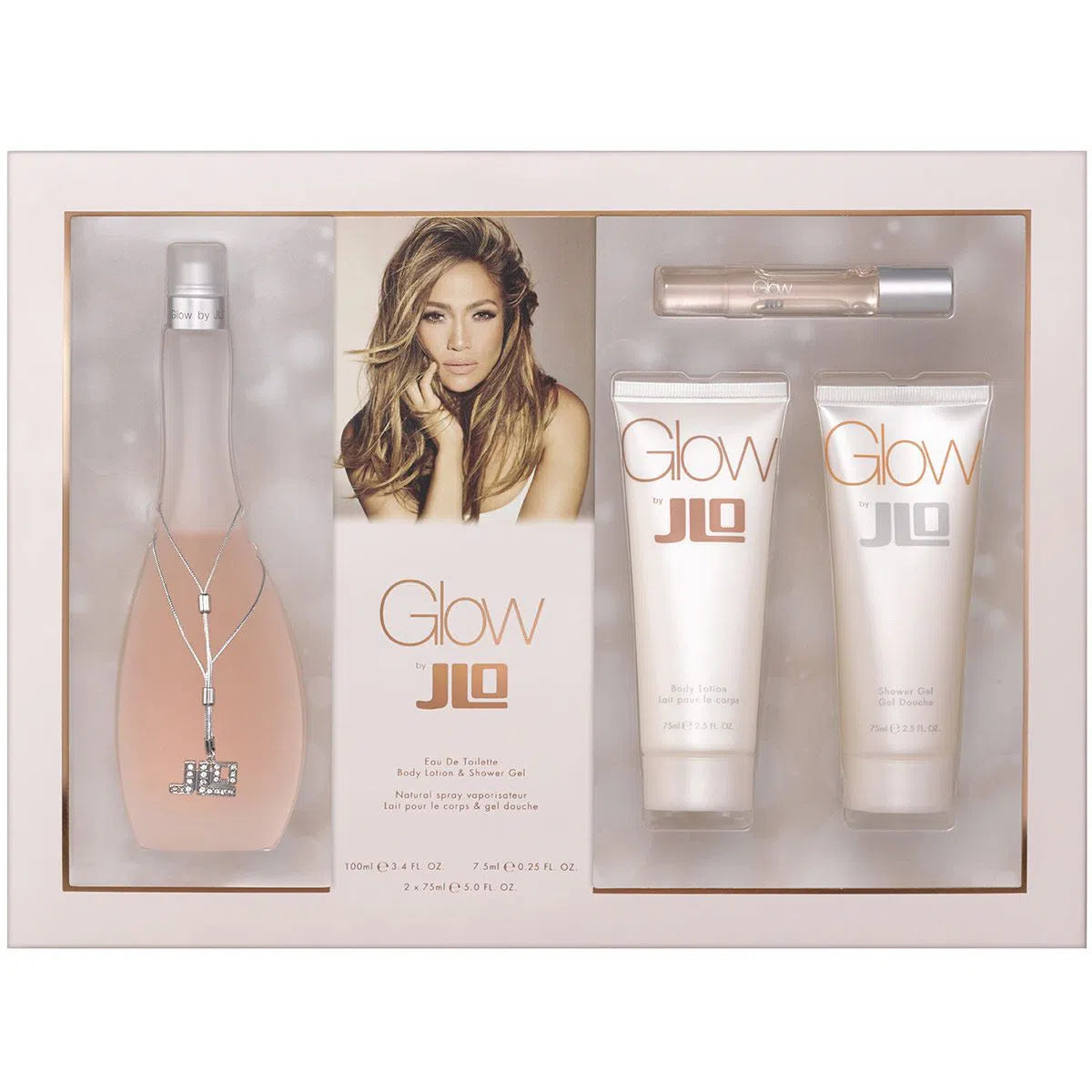 Estuche Jennifer Lopez Glow EDT (W) / 4 Pc SP 100 ml; BL 75 ml; SG 75 ml; SP 7.5 ml - 1 - Privé Perfumes Honduras