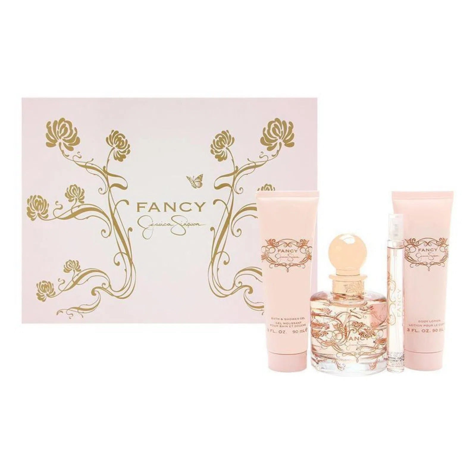 Estuche Jessica Simpson Fancy EDP (W) / 4 Pc SP 100 ml; Mini SP 10 ml; BL 90 ml; SG 90 ml - 1 - Privé Perfumes Honduras
