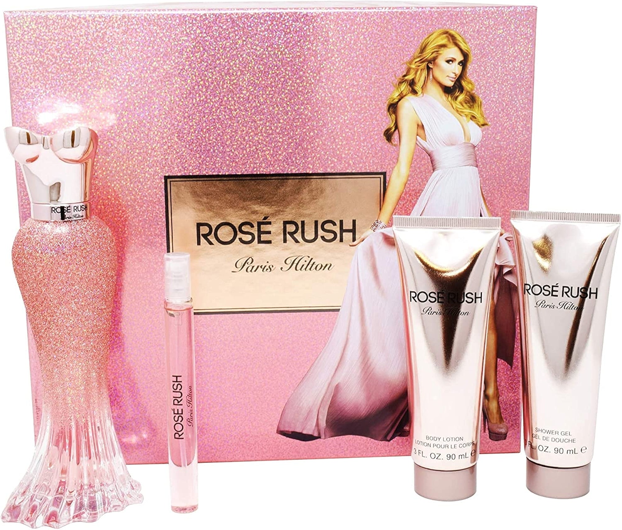 Estuche Paris Hilton Rose Rush EDP (W) / 4 Pc SP 100 ml; BL 90 ml; SG 90 ml; Mini SP 10 ml - 1 - Privé Perfumes Honduras