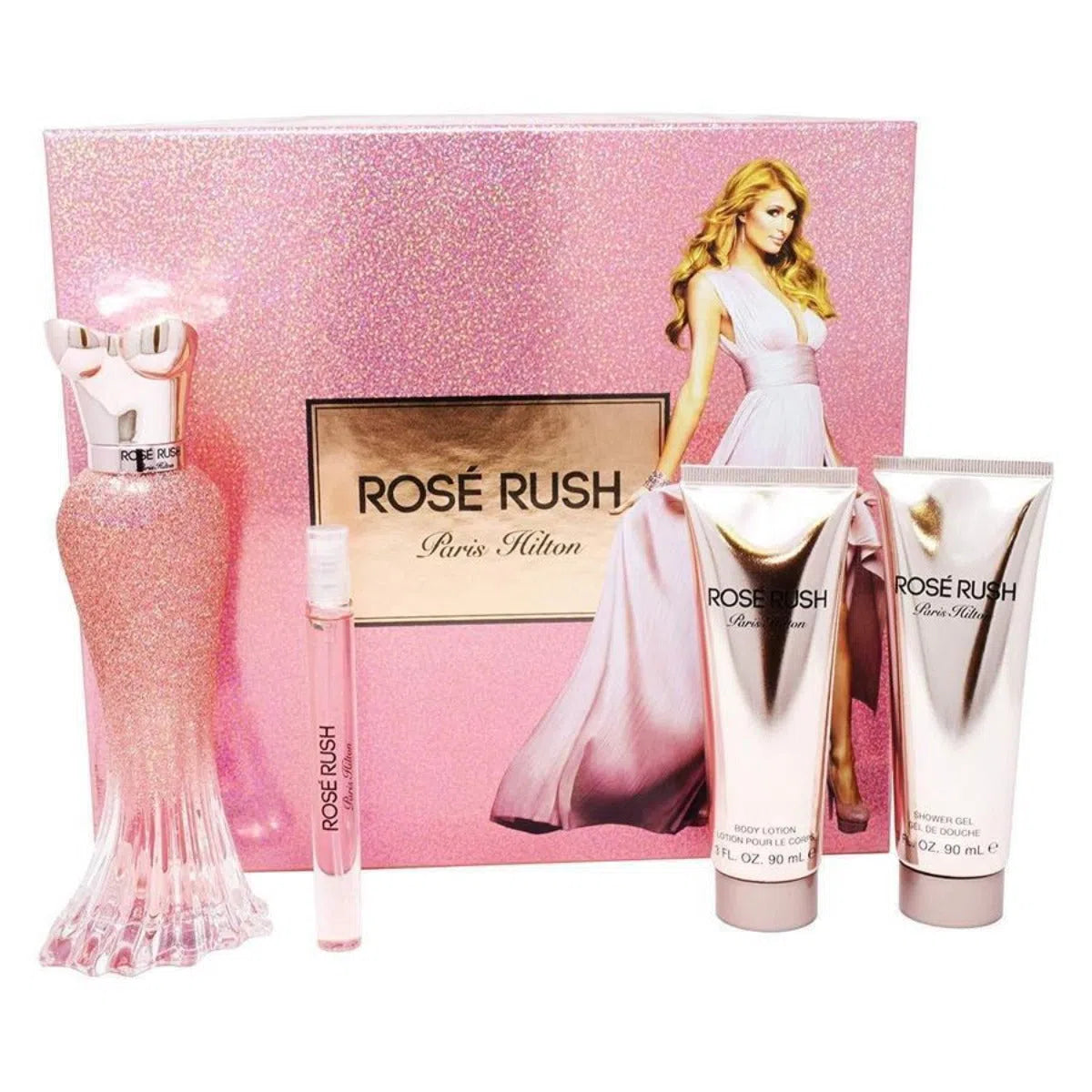 Estuche Paris Hilton Rose Rush EDP (W) / 4 Pc SP 100 ml; BL 90 ml; SG 90 ml; SP 10 ml - 1 - Privé Perfumes Honduras
