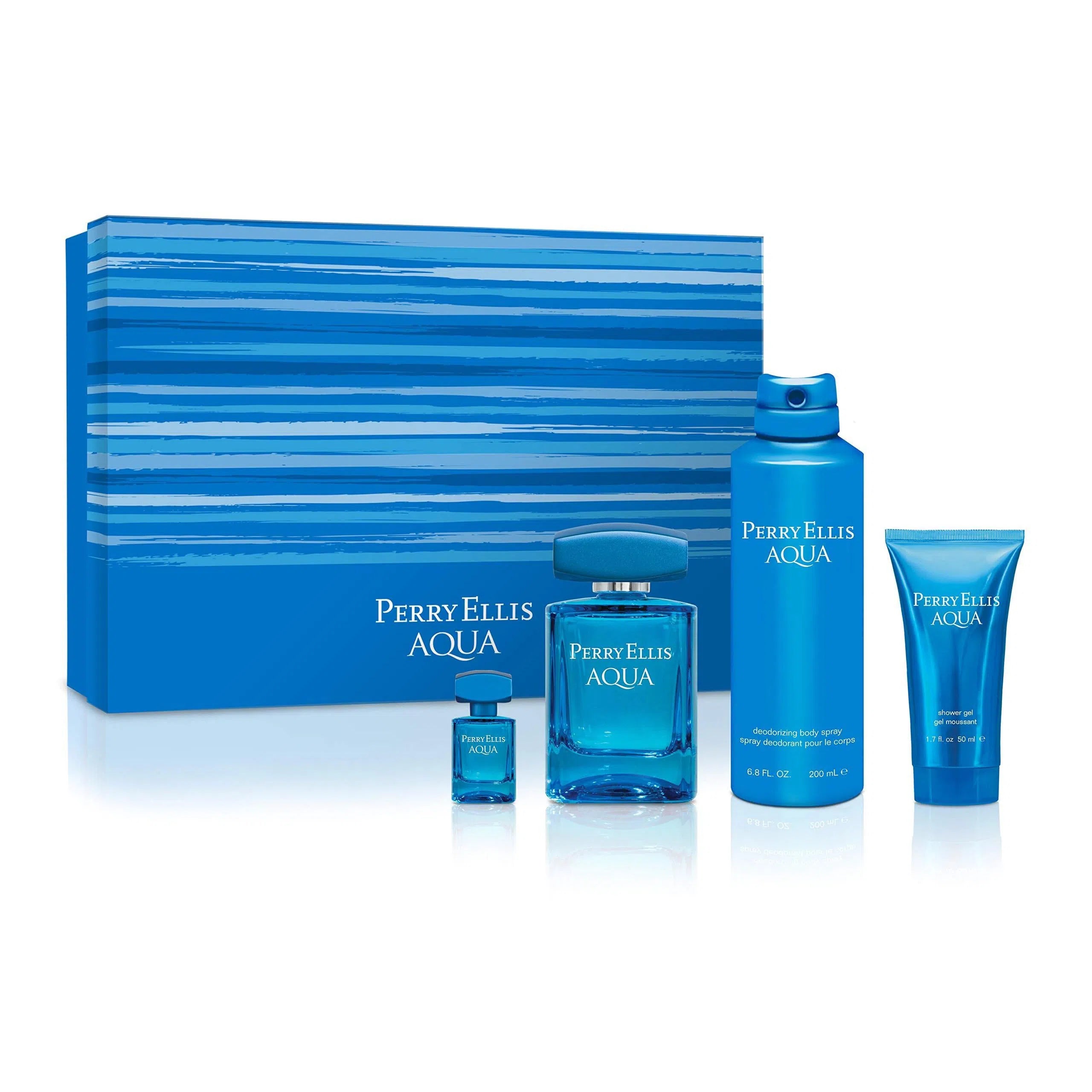Estuche Perry Ellis Aqua EDT (M) / 4 Pc SP 100 ml; DEO Spray 200 ml; SG 50 ml; Mini EDT 7.5 ml - 1 - Privé Perfumes Honduras