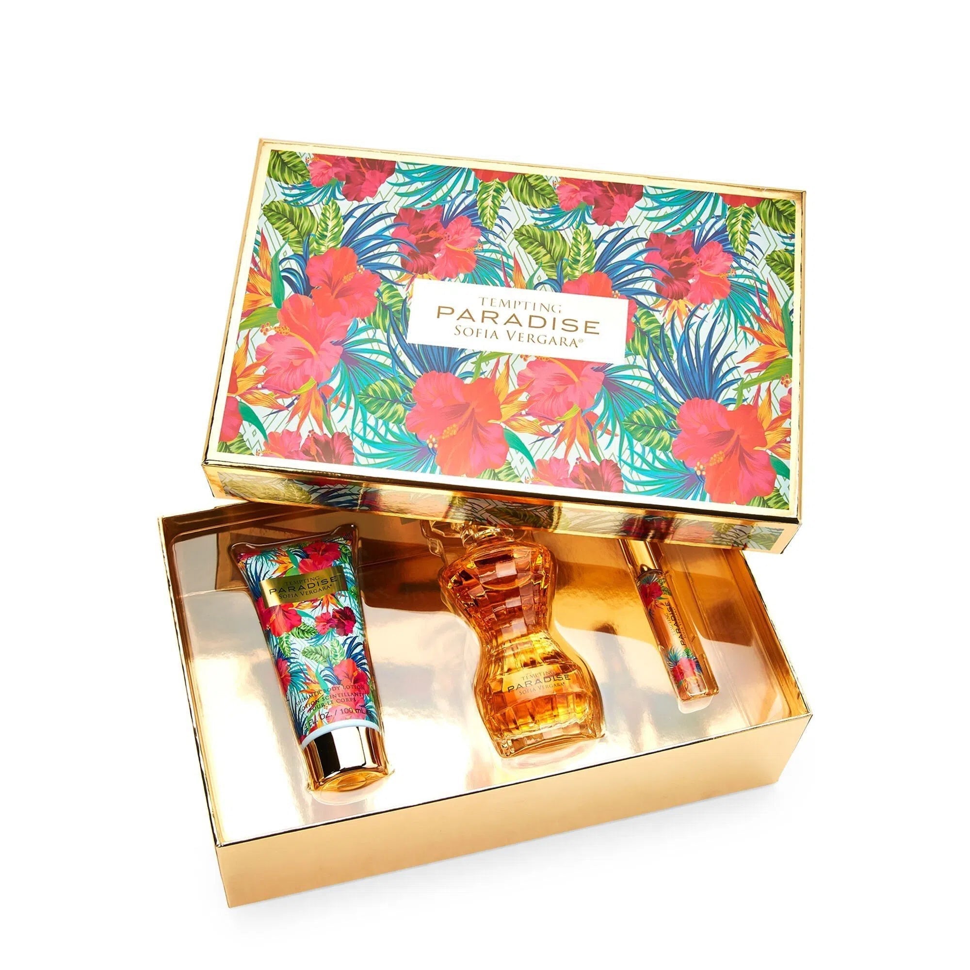 Estuche Sofia Vergara Tempting Paradise EDP (W) / 3 Pc SP 100 ml; BL 100 ml; Roller 10 ml - 1 - Privé Perfumes Honduras