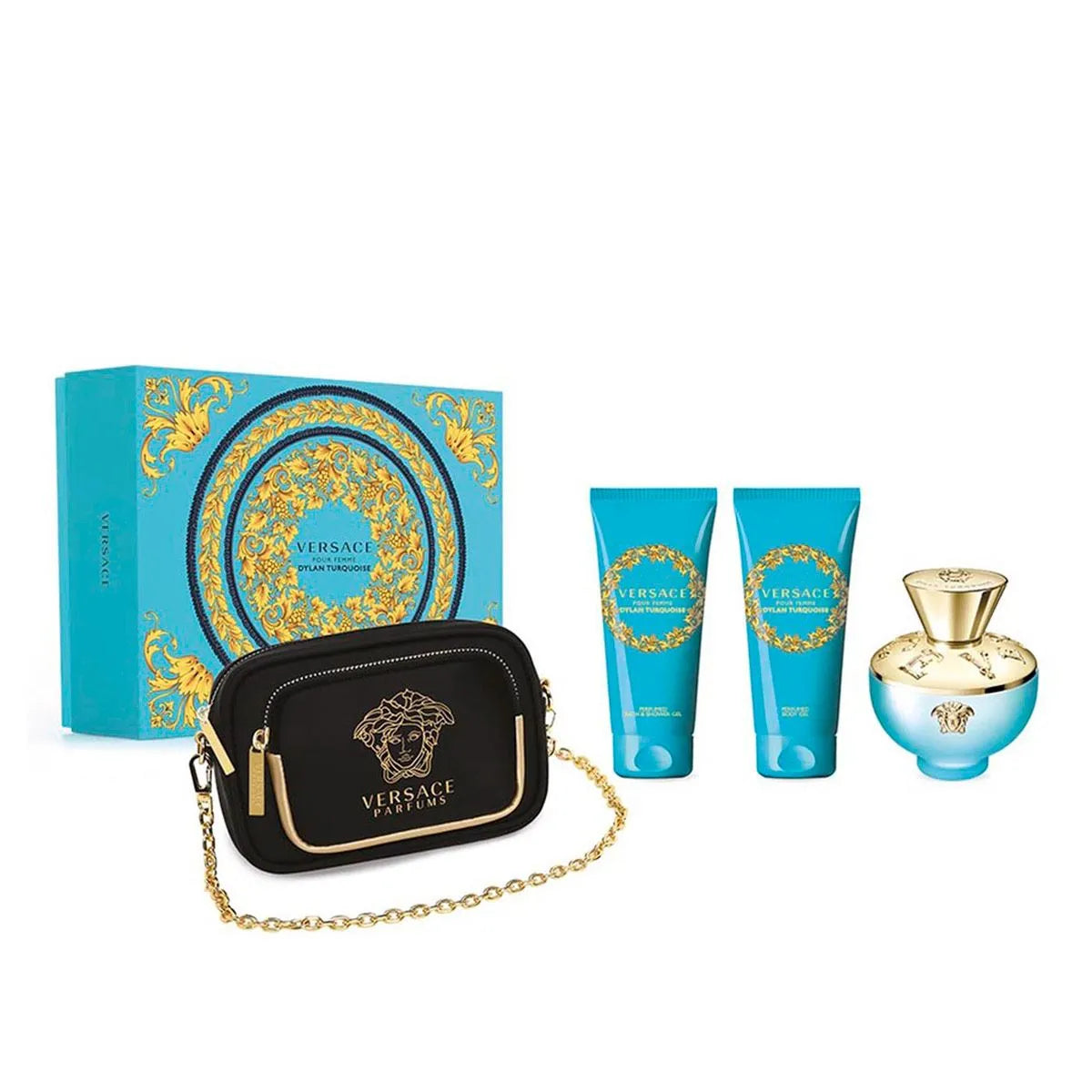 Estuche Versace Dylan Turquoise EDT (W) / 4 Pc SP 100 ml; SG 100 ml; BG 100 ml; Clutch - 2 - Privé Perfumes Honduras