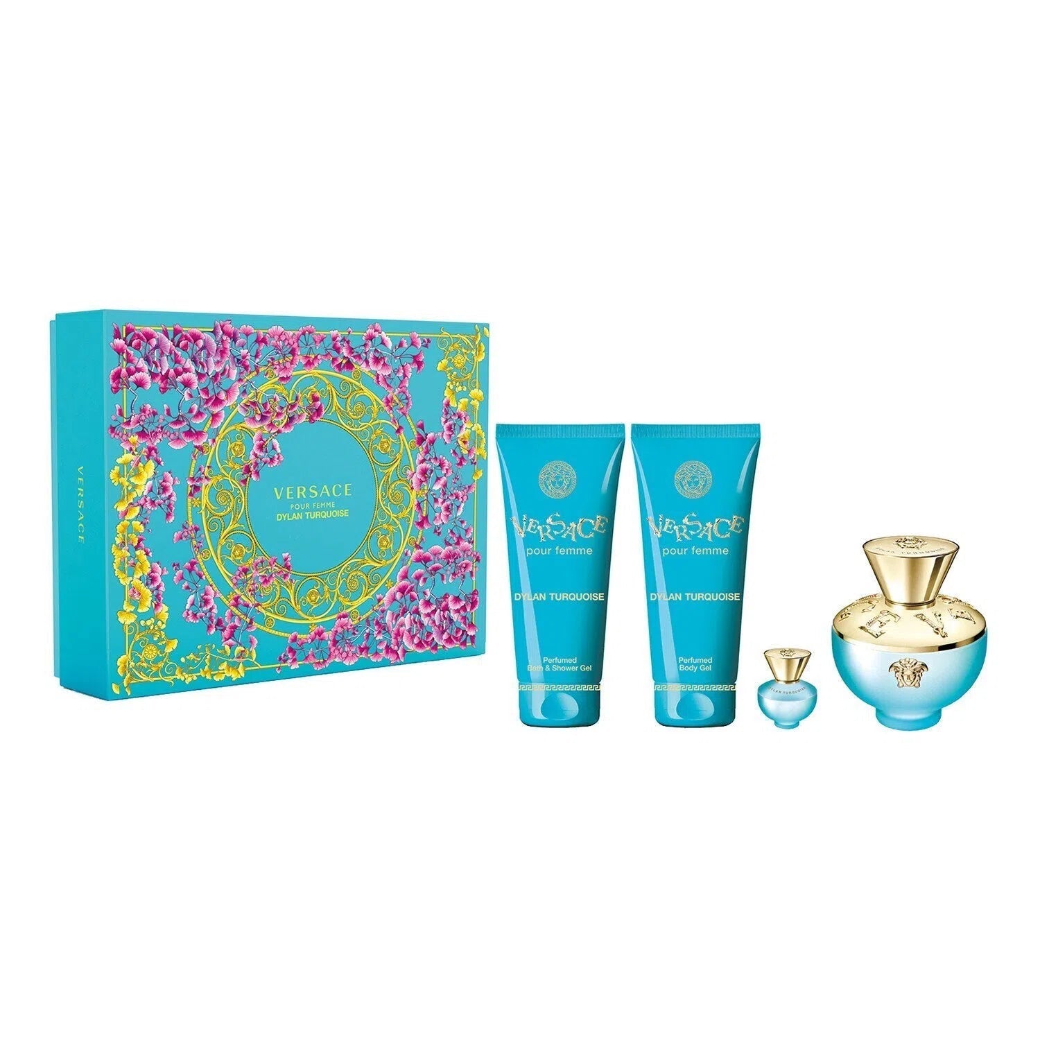 Estuche Versace Dylan Turquoise EDT (W) / 4 Pc SP 100 ml; SG 100 ml; BS 100 ml; SP 10 ml - 1 - Privé Perfumes Honduras