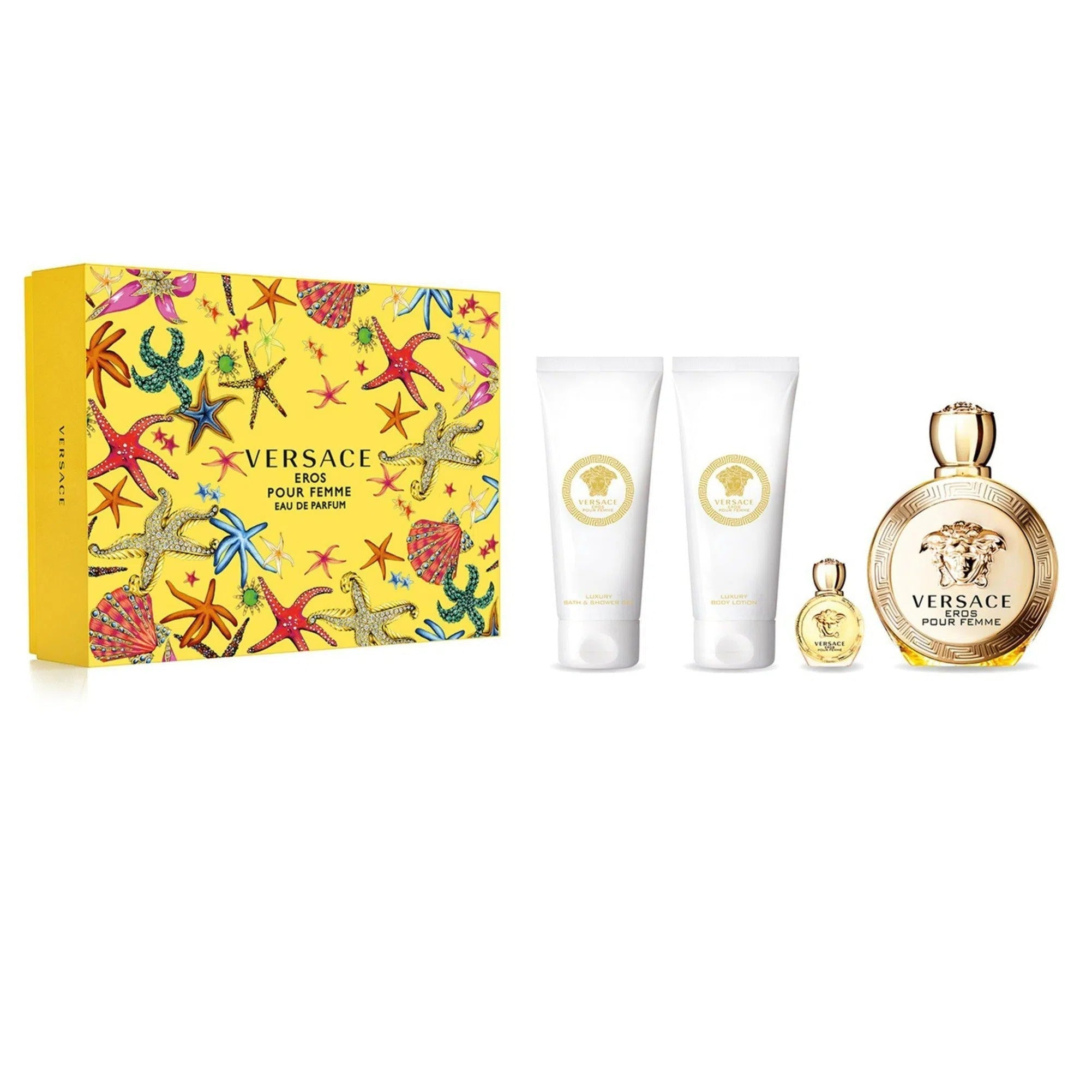 Estuche Versace Eros Pour Femme EDP (W) / 4 Pc SP 100 ml; BL 100 ml; BS 100 ml; SP 5 ml - 1 - Privé Perfumes Honduras