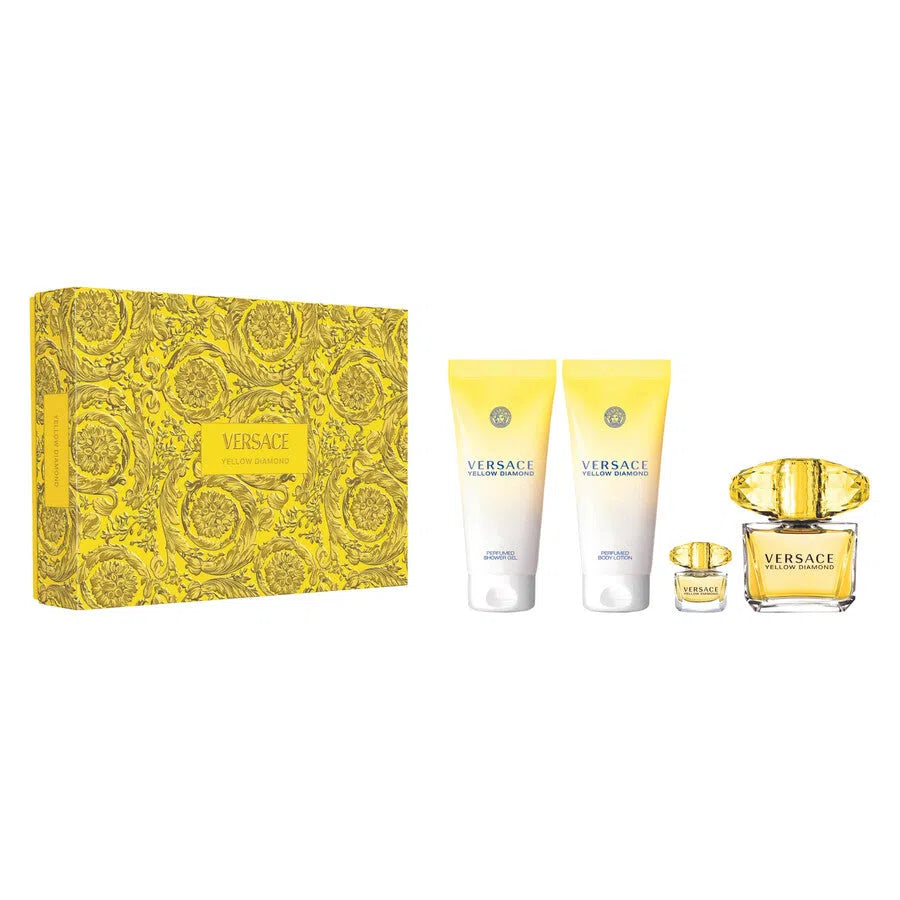 Estuche Versace Yellow Diamond Gift Set EDT (W) / 4 Pc SP 90 ml; SG 100 ml; BL 100 ml; Mini EDT 5 ml - 1 - Privé Perfumes Honduras