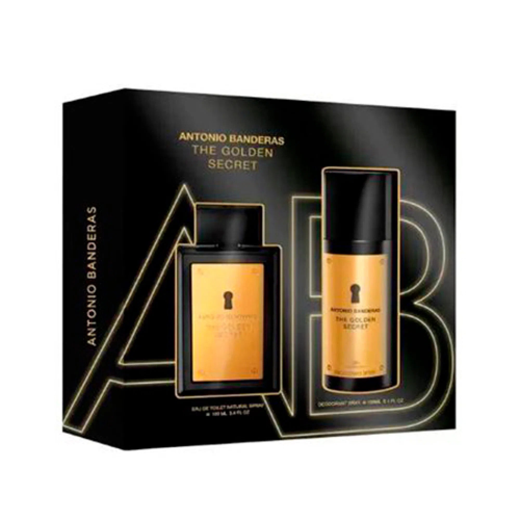 Estuche Antonio Banderas The Secret Golden EDT (M) / 2 Pc SP 100 ml; DEO 150 ml - 8411061045282- 1 - Prive Perfumes Honduras