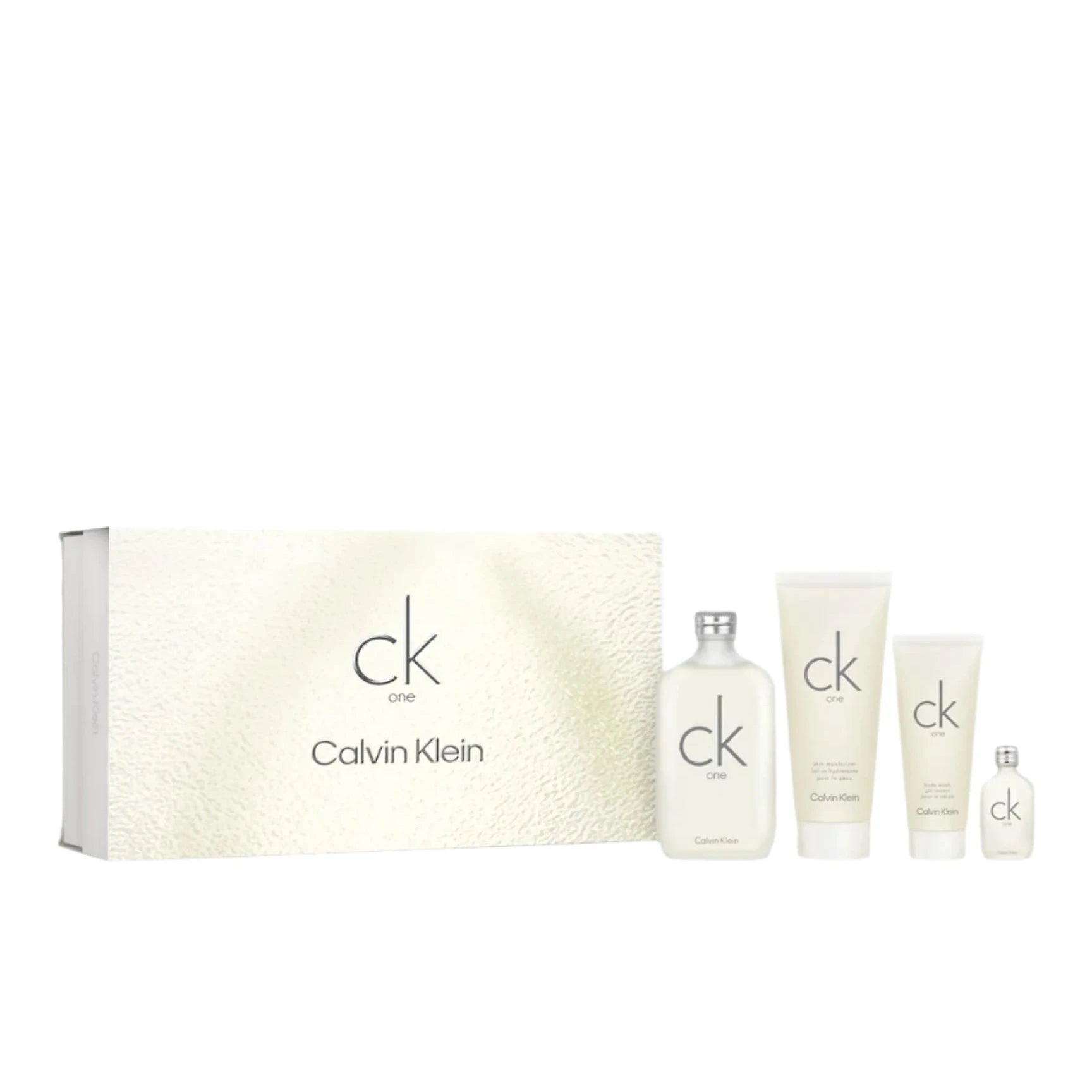 Estuche Calvin Klein CK One EDT (U) / 4 Pc SP 200 ml; BL 200 ml; SG 100 ml; TS 15 ml - 3616305433459- 1 - Prive Perfumes Honduras