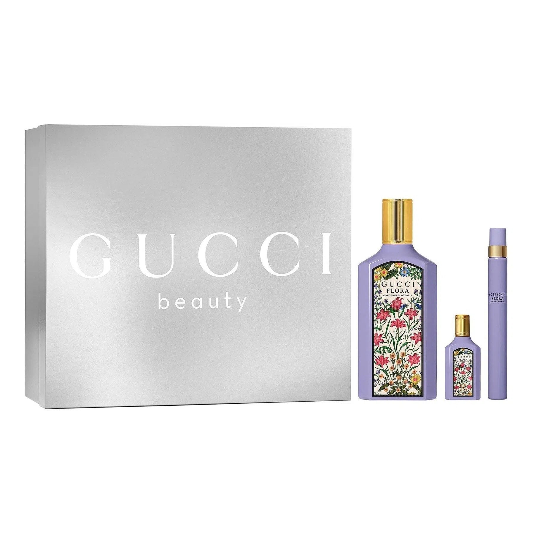 Estuche Gucci Flora Gorgeous Magnolia EDP (W) / 3 Pc SP 100 ml; Pen Spray 10 ml; Mini SP 5 ml - 3616305447654- 1 - Prive Perfumes Honduras