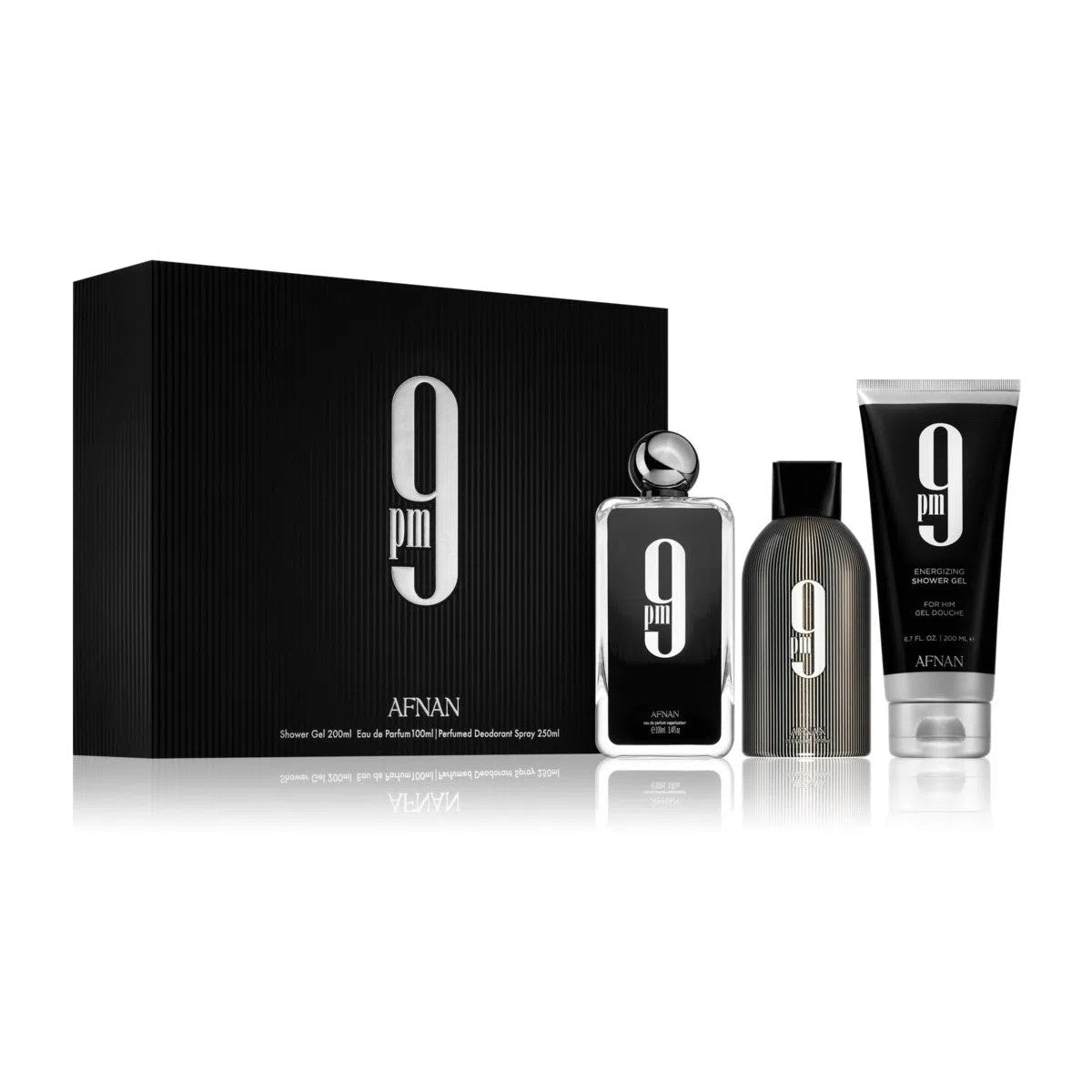 Estuche Afnan 9PM EDP (M) / 3 Pc SP 100 ml; SG 180 ml; DEO - 1 - Privé Perfumes Honduras