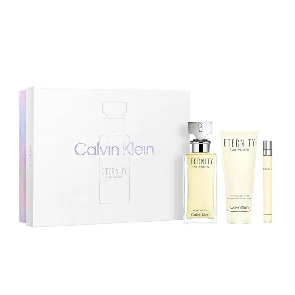 Estuche Calvin Klein Eternity EDP (W) / 3 Pc SP 100 ml; BL 100 ml; SP 10 ml - 1 - Privé Perfumes Honduras