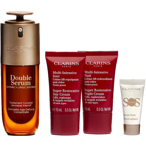 Estuche Cuidado Facial Clarins Double Serum & Multi-Intensive (Coffret Navideño 2025) / DS 50 ml; MI Día 15 ml; MI Noche 15 ml; SOS Primer 5 ml - 1 - Privé Perfumes Honduras