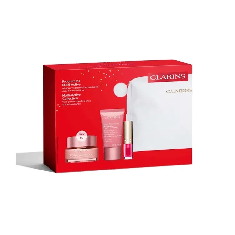 Estuche Cuidado Facial Clarins Multi-Active (Coffret Navideño 2025) / Día 50 ml; Noche 15 ml; Aceite Labial mini - 1 - Privé Perfumes Honduras
