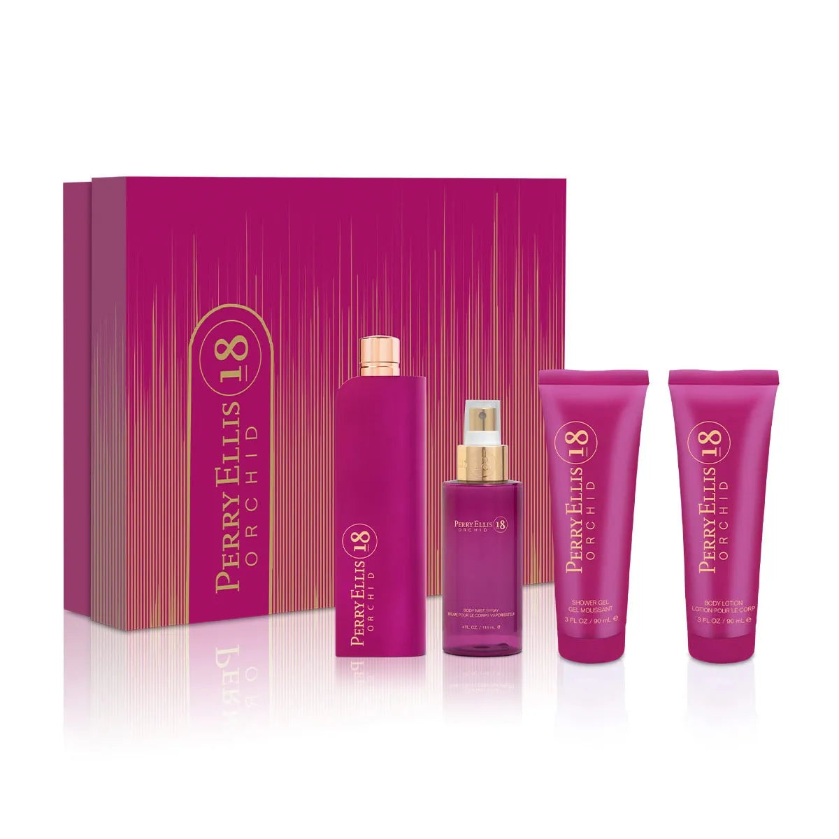 Estuche Perry Ellis 18 Orchid EDP (W) / 4 Pc SP 100 ml; Body Mist 120 ml; BL 90 ml; SG 90 ml - 4 - Privé Perfumes Honduras