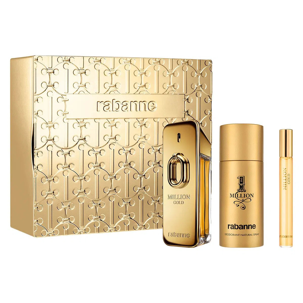 Estuche Rabanne Million Gold Intense EDP (M) / 3 Pc Set: EDP 100 ml; Deodorant 150 ml; Travel Spray 10 ml - 3349668634958- 1 - Prive Perfumes Honduras