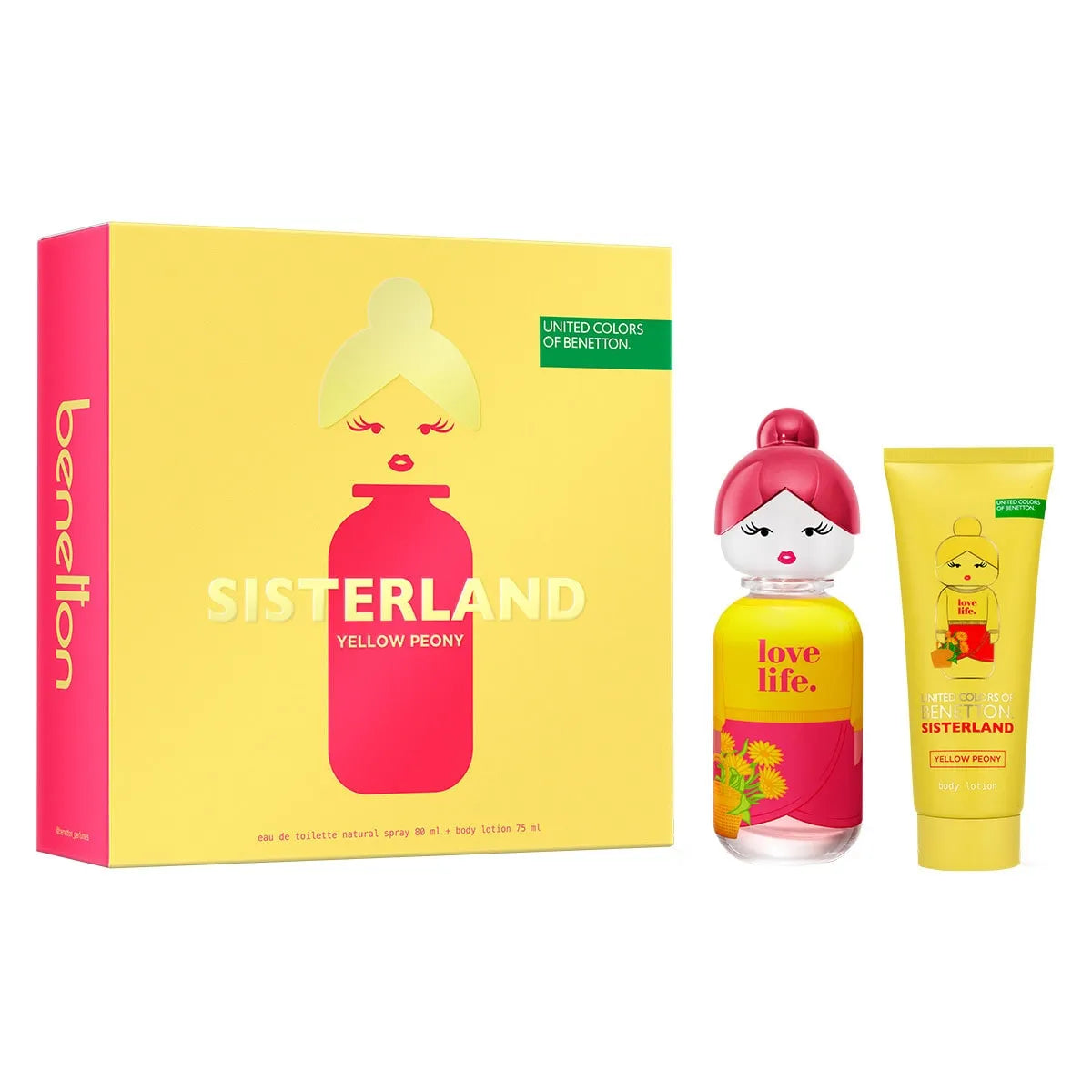 Estuche United Colors of Benetton Sisterland Yellow Peony EDT (W) / 2 Pc 80 ml; BL 75 ml - 2 - Privé Perfumes Honduras