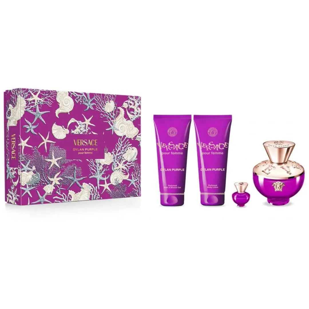 Estuche Versace Dylan Purple EDP (W) / 4 Pc SP 100 ml; SG 100 ml; BL 100 ml; Mini SP 5 ml - 1 - Privé Perfumes Honduras