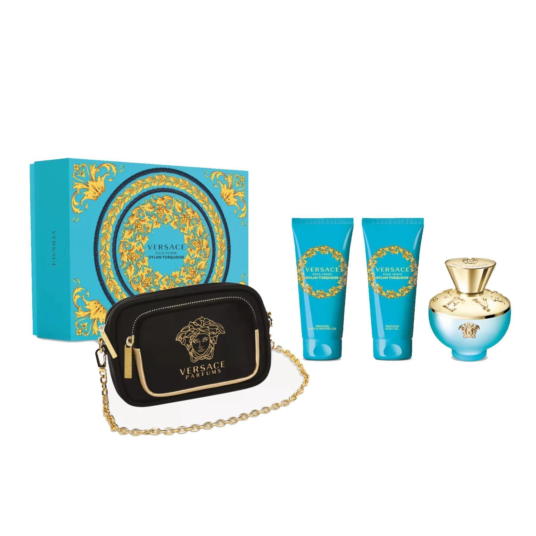 Estuche Versace Dylan Turquoise EDT (W) / 4 Pc SP 100 ml; SG 100 ml; BG 100 ml; Clutch - 1 - Privé Perfumes Honduras