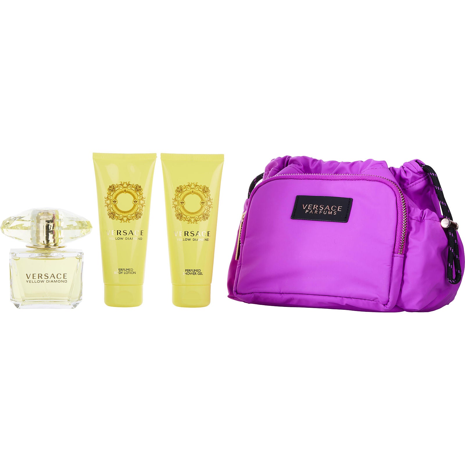 FragranceNet main | FN SKU 473236 | UPC 8011003893294 | Versace Yellow Diamond EDT (W) / 4 Pc SP 90 ml; SG 100 ml; BL 100 ml; Bag