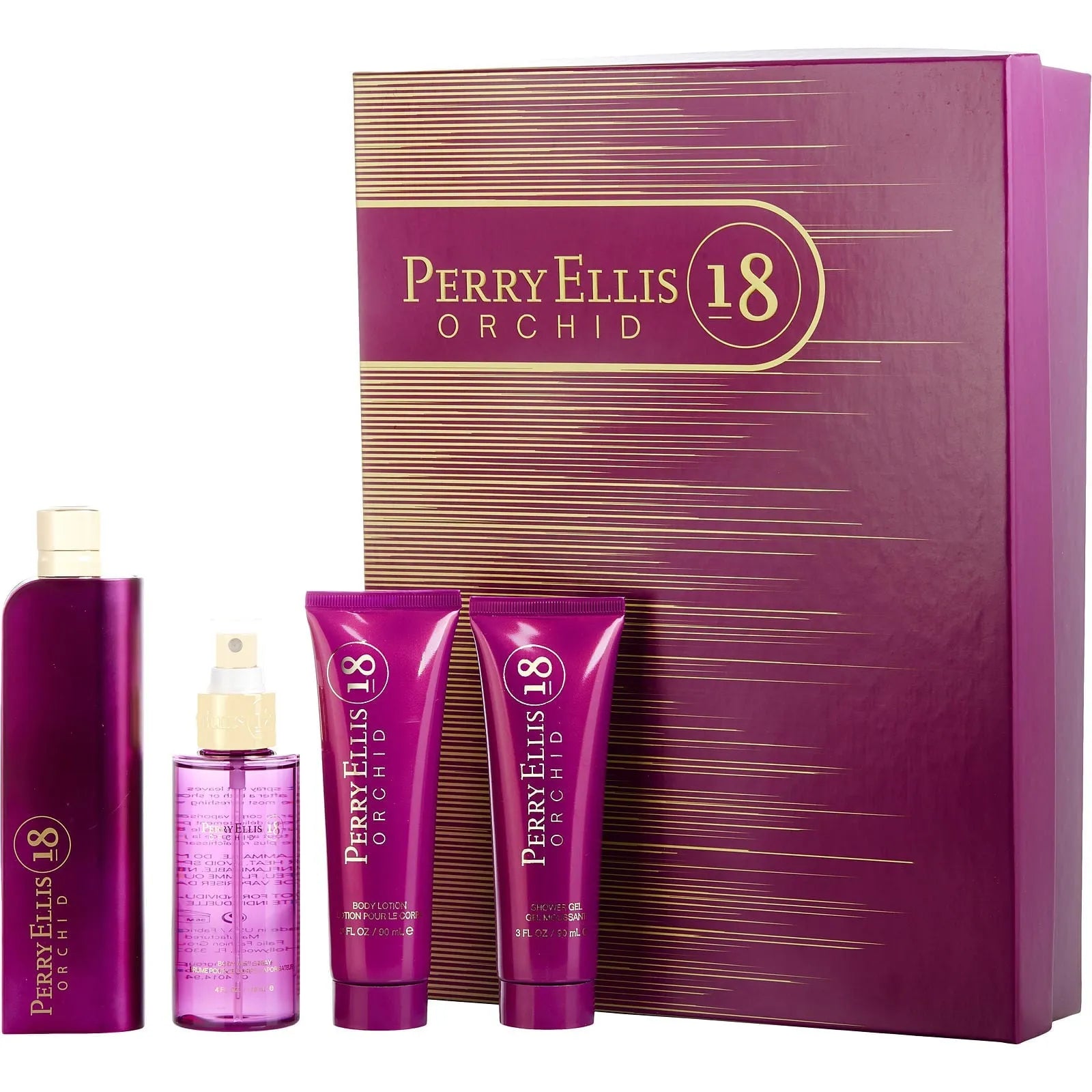 Estuche Perry Ellis 18 Orchid EDP (W) / 4 Pc SP 100 ml; Body Mist 120 ml; BL 90 ml; SG 90 ml - 1 - Privé Perfumes Honduras