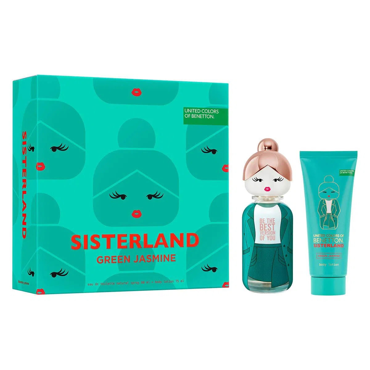 Estuche United Colors of Benetton Sisterland Green Jasmine EDT (W) / 2 Pc SP 80 ml; BL 75 ml - 1 - Privé Perfumes Honduras